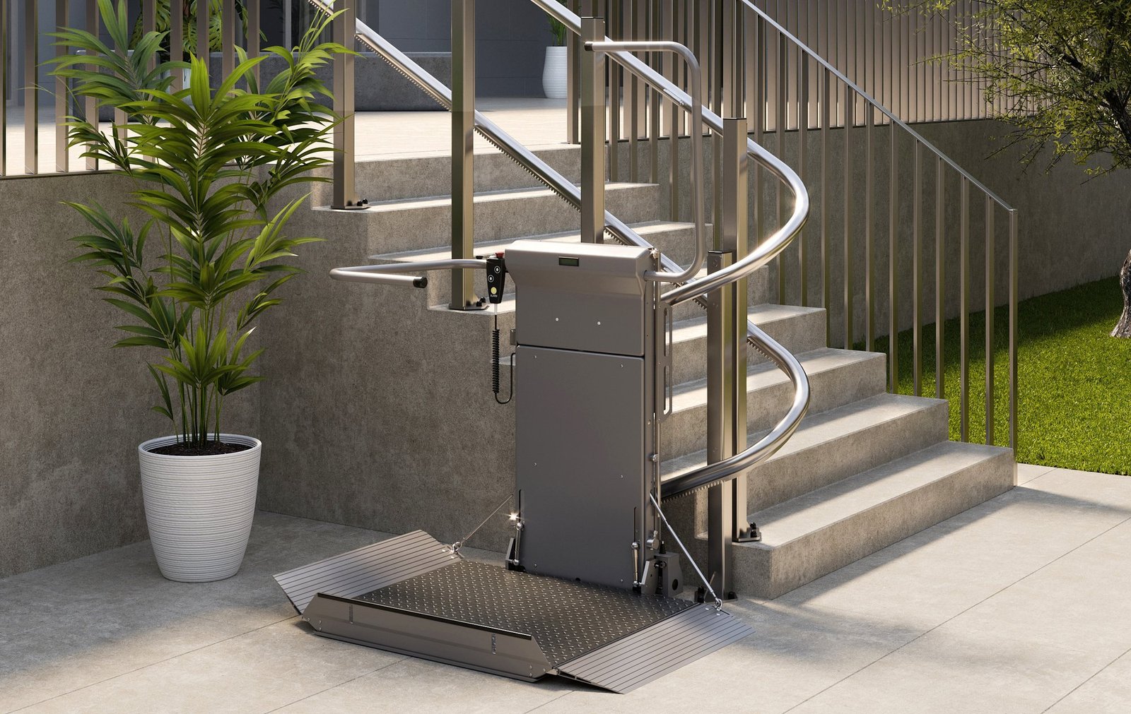 Plateautraplift Curved buiten, andere hoek