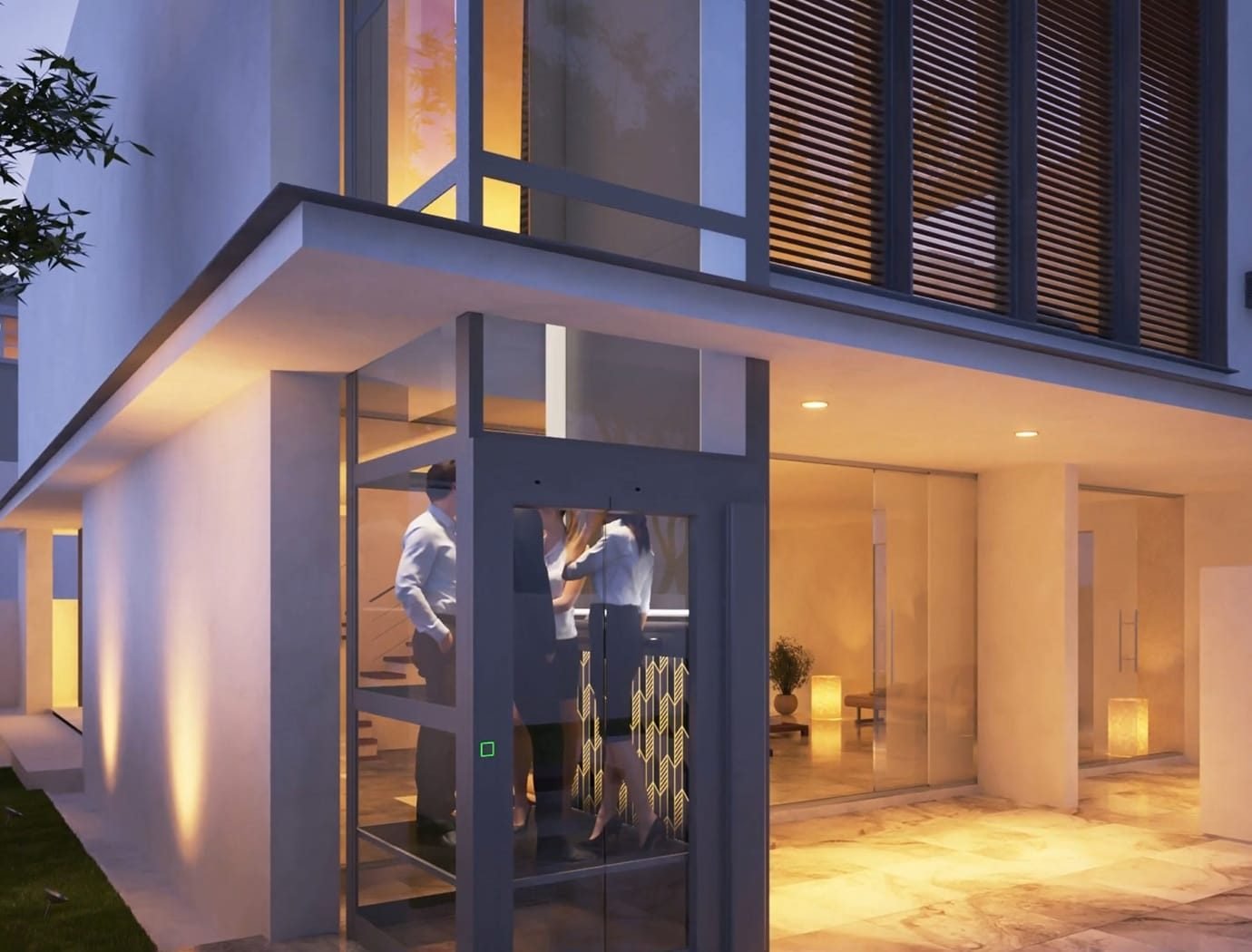 Design huislift met glazen schacht aan een woning