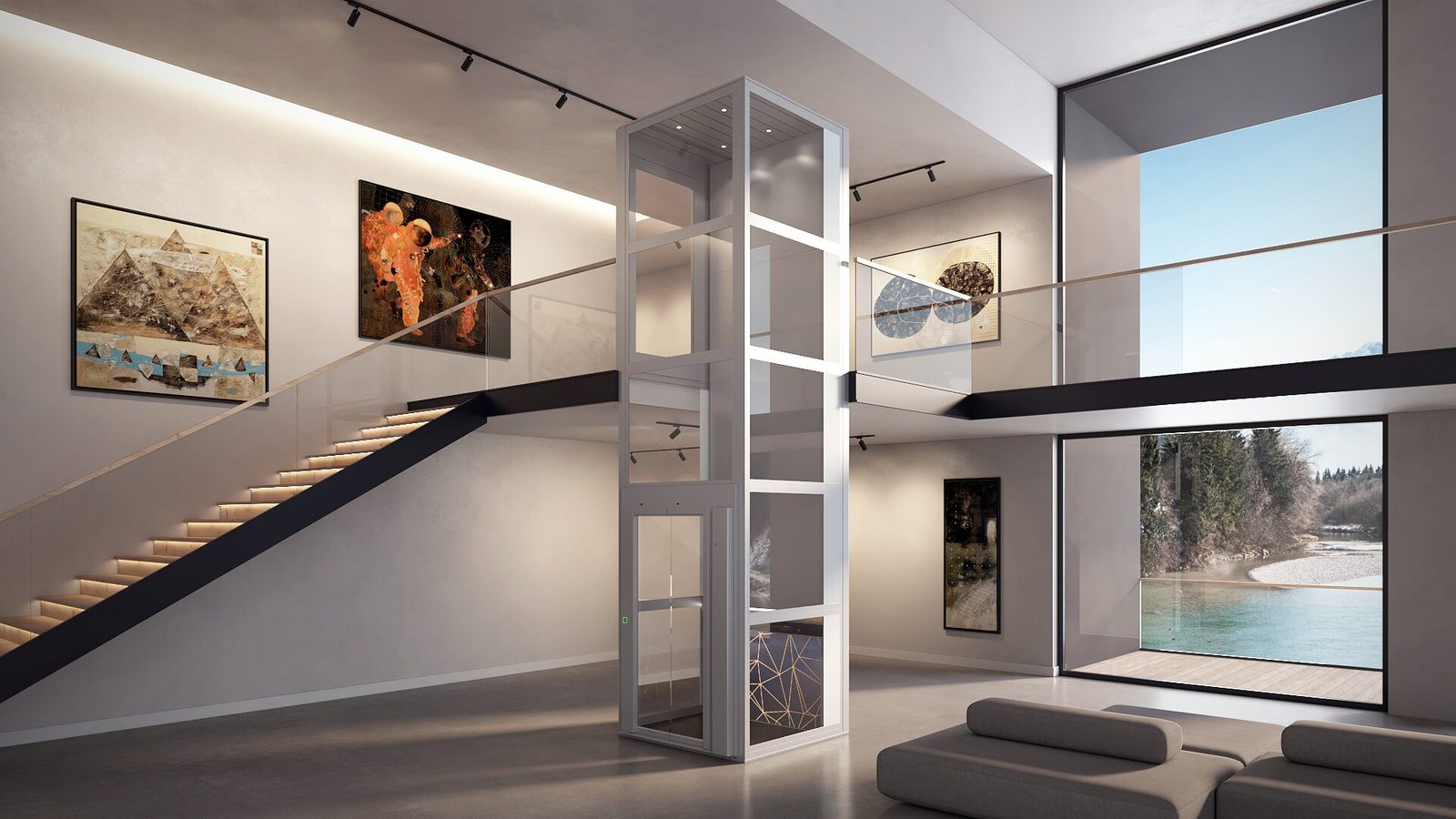 Design huislift in een galerij met zwevende trap
