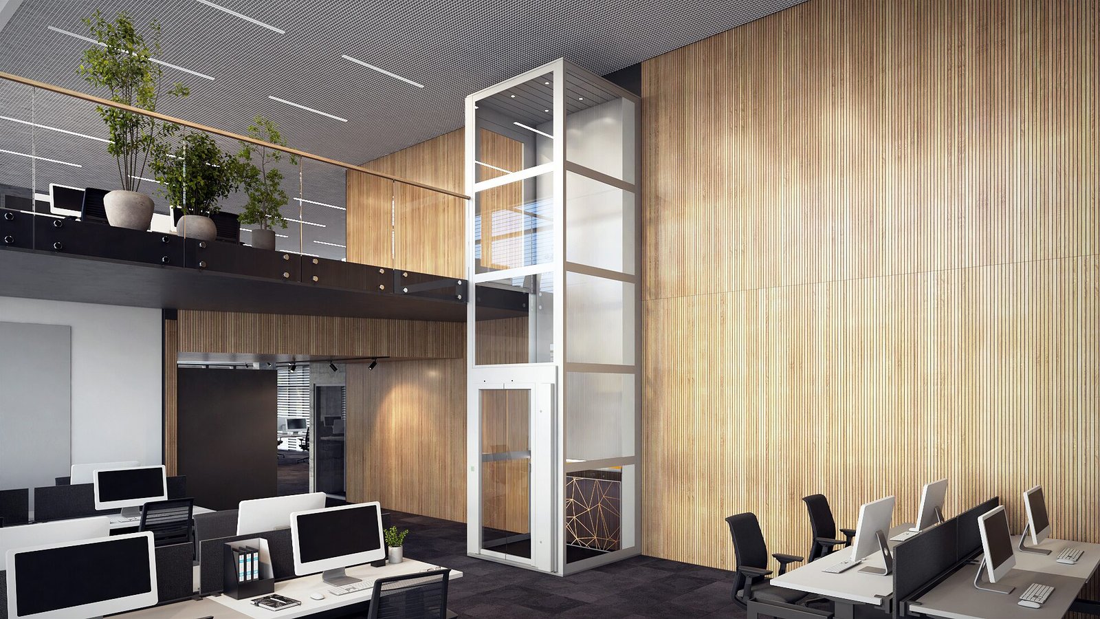 Design huislift met glazen schacht in een kantoorruimte