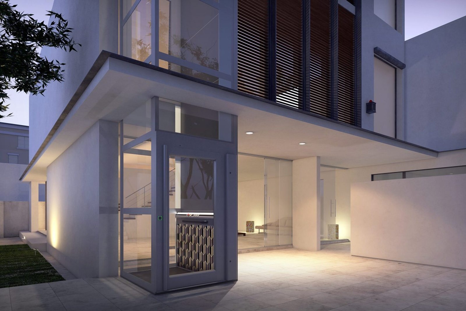 Design huislift bij de entree van een woning in de avond
